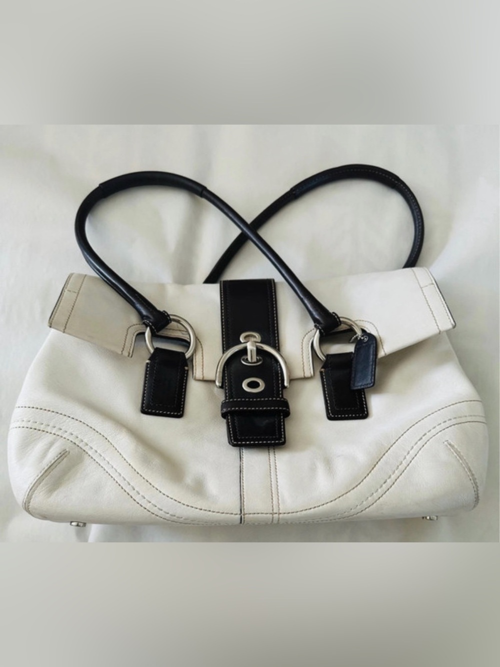 Classic Two-Tone Leather Satchel Bag - White & Black
